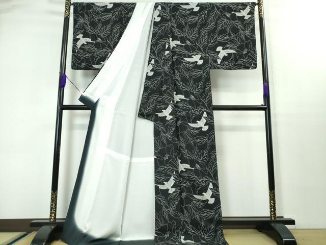 平和屋本店■極上　染色作家　斉藤三才　小紋　三才鳥　草花　黒地　逸品　DZAA3278kh5