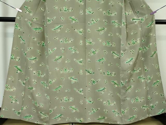 平和屋本店■極上　工芸着物　型絵染　小紋　単衣　蝶　舟　鐘　薄利休色地　逸品　DZAA3343kh5