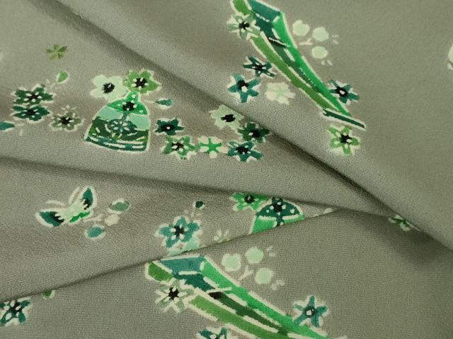 平和屋本店■極上　工芸着物　型絵染　小紋　単衣　蝶　舟　鐘　薄利休色地　逸品　DZAA3343kh5