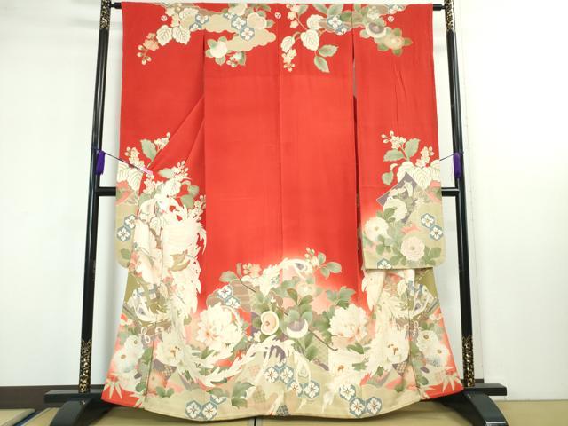 平和屋本店■極上　アンティーク　大正ロマン　振袖・長襦袢(袷)セット　吉祥花鳥文　暈し染め　逸品　DZAA3421kh5 - 平和屋