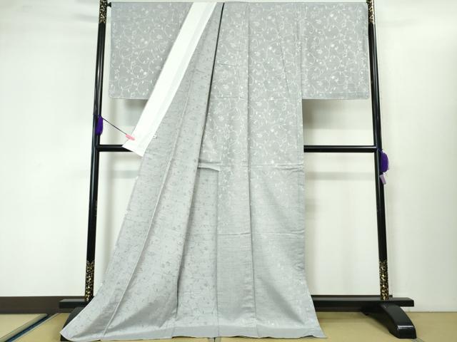 平和屋本店▽極上 お召 単衣 ロング丈 唐草地紋 希少柄 兎 猫 時計 薔薇 トランプ 灰青色地 逸品 未使用 DZAA3478kh5