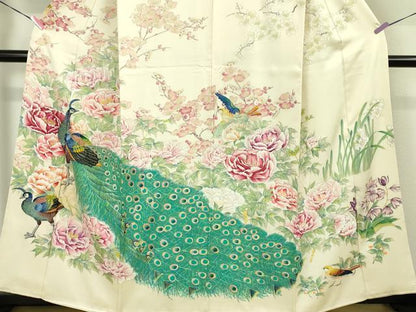 平和屋本店■希少　訪問着　刺繍　手描き　孔雀　鶯　鳥　花　象牙色地　逸品　DZAA3596kh5