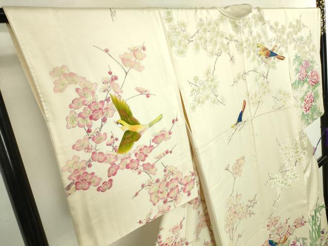 平和屋本店■希少　訪問着　刺繍　手描き　孔雀　鶯　鳥　花　象牙色地　逸品　DZAA3596kh5