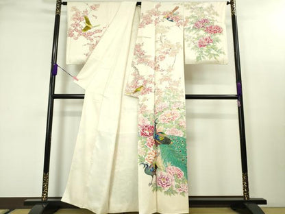 平和屋本店■希少　訪問着　刺繍　手描き　孔雀　鶯　鳥　花　象牙色地　逸品　DZAA3596kh5