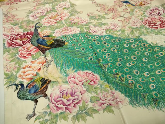 平和屋本店■希少　訪問着　刺繍　手描き　孔雀　鶯　鳥　花　象牙色地　逸品　DZAA3596kh5