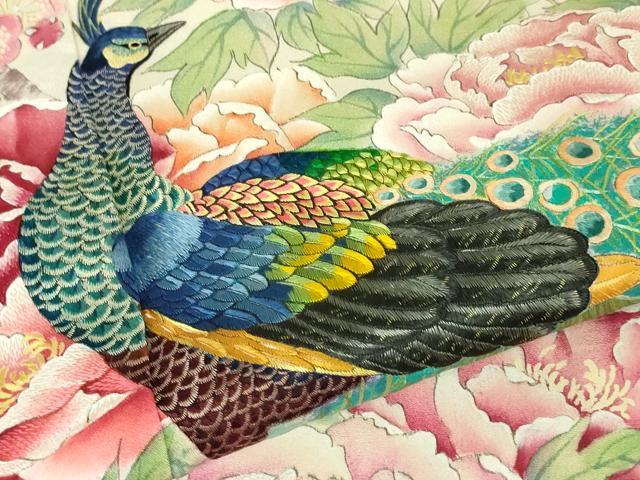 平和屋本店■希少　訪問着　刺繍　手描き　孔雀　鶯　鳥　花　象牙色地　逸品　DZAA3596kh5