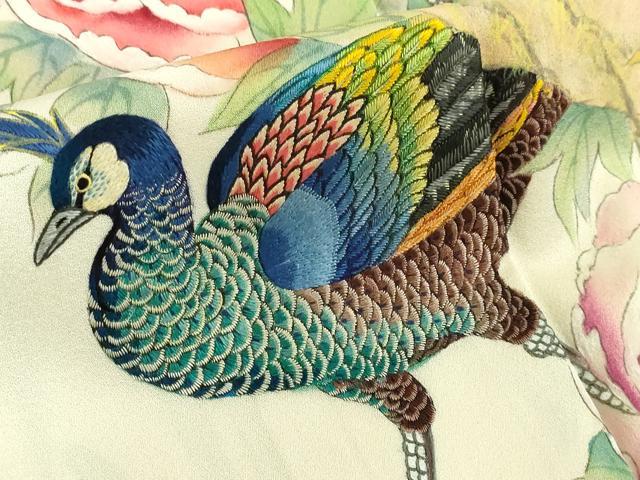 平和屋本店■希少　訪問着　刺繍　手描き　孔雀　鶯　鳥　花　象牙色地　逸品　DZAA3596kh5