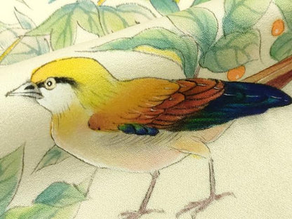 平和屋本店■希少　訪問着　刺繍　手描き　孔雀　鶯　鳥　花　象牙色地　逸品　DZAA3596kh5