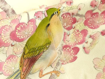 平和屋本店■希少　訪問着　刺繍　手描き　孔雀　鶯　鳥　花　象牙色地　逸品　DZAA3596kh5