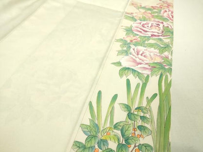 平和屋本店■希少　訪問着　刺繍　手描き　孔雀　鶯　鳥　花　象牙色地　逸品　DZAA3596kh5