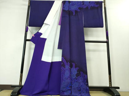 平和屋本店■最高級  初代 久保田一竹 幻の辻が花  訪問着 辻が花37個 絞り 暈し染め 鬼しぼ縮緬 濃深紫色地　共箱付き　逸品　DZAA3700kh5