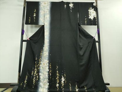 平和屋本店●極上 訪問着 手刺繍 牡丹 暈し染め 黒地 金糸 逸品 DZAA3707kh5