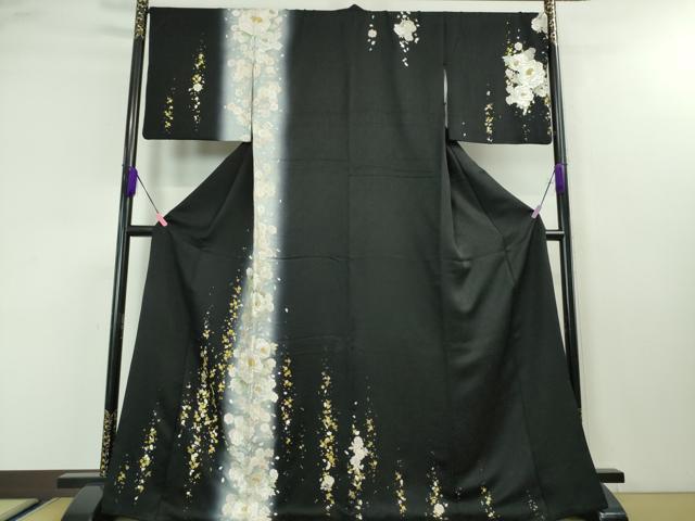 平和屋本店●極上 訪問着 手刺繍 牡丹 暈し染め 黒地 金糸 逸品 DZAA3707kh5