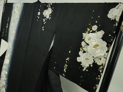 平和屋本店●極上 訪問着 手刺繍 牡丹 暈し染め 黒地 金糸 逸品 DZAA3707kh5