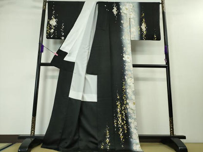 平和屋本店●極上 訪問着 手刺繍 牡丹 暈し染め 黒地 金糸 逸品 DZAA3707kh5