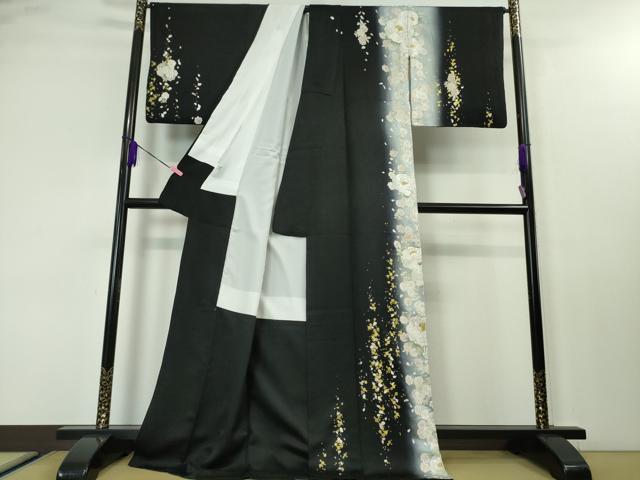 平和屋本店●極上 訪問着 手刺繍 牡丹 暈し染め 黒地 金糸 逸品 DZAA3707kh5