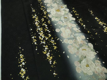 平和屋本店●極上 訪問着 手刺繍 牡丹 暈し染め 黒地 金糸 逸品 DZAA3707kh5