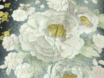 平和屋本店●極上 訪問着 手刺繍 牡丹 暈し染め 黒地 金糸 逸品 DZAA3707kh5