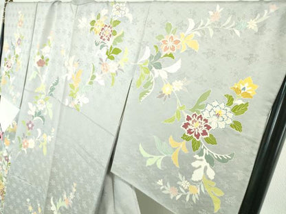 平和屋本店■極上　訪問着　駒刺繍　花唐草文　白梅鼠色地　金彩　高島屋扱い　逸品　DZAA3723kh5