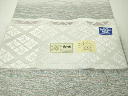 平和屋本店■極上　本場筑前博多織　両面　全通柄袋帯　唐織　四つ菱　芝文　博多輸出絹織謹製　銀糸　証紙付き　逸品　DZAA3800kh5
