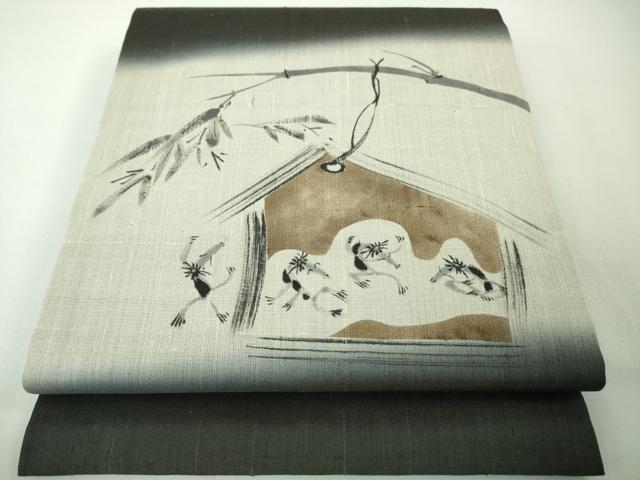 平和屋本店■極上　夏物　絹芭蕉　九寸開き名古屋帯　手描き　カッパ　笹竹　絵馬　逸品　未使用　DZAA3816kh5