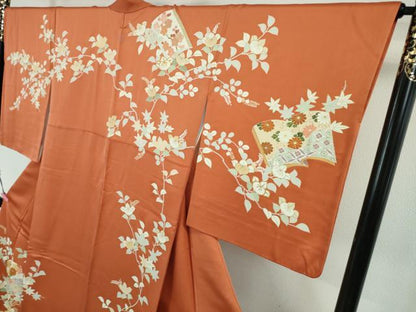 平和屋本店■極上　創業460年・千總　訪問着　駒刺繍　橘　冊子花文　照柿色地　金彩　逸品　DZAA3839kh5