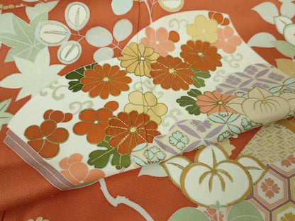 平和屋本店■極上　創業460年・千總　訪問着　駒刺繍　橘　冊子花文　照柿色地　金彩　逸品　DZAA3839kh5