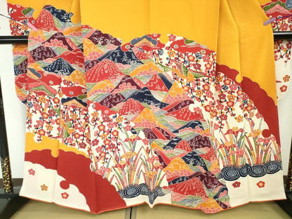 平和屋本店■極上　和染紅型　栗山紅型　栗山吉三郎　振袖　重ね山花鳥文　鬼しぼ縮緬　逸品　未使用　DZAA3860kh5