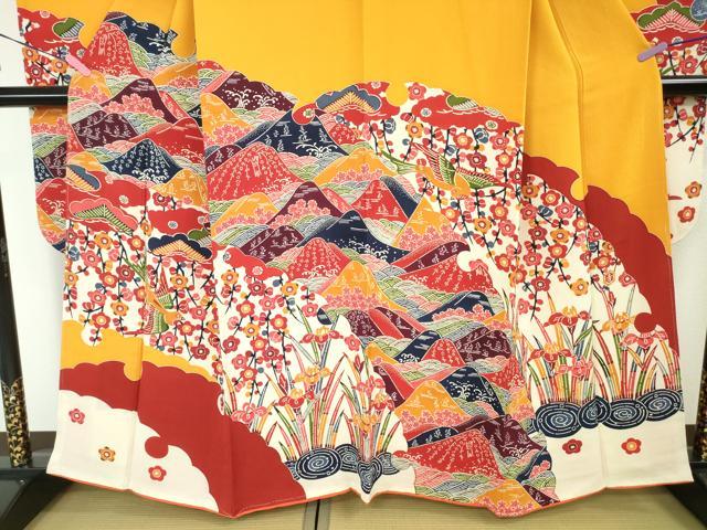 平和屋本店■極上　和染紅型　栗山紅型　栗山吉三郎　振袖　重ね山花鳥文　鬼しぼ縮緬　逸品　未使用　DZAA3860kh5