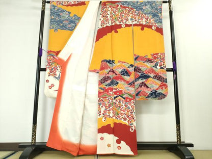 平和屋本店■極上　和染紅型　栗山紅型　栗山吉三郎　振袖　重ね山花鳥文　鬼しぼ縮緬　逸品　未使用　DZAA3860kh5