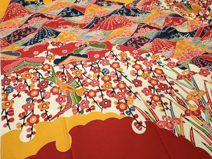 平和屋本店■極上　和染紅型　栗山紅型　栗山吉三郎　振袖　重ね山花鳥文　鬼しぼ縮緬　逸品　未使用　DZAA3860kh5