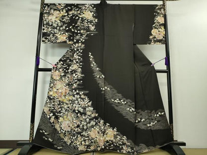 平和屋本店●極上　訪問着　刺繍　御所車吉祥花文　烏羽色地　金糸　逸品　DZAA3868kh5
