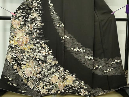 平和屋本店●極上　訪問着　刺繍　御所車吉祥花文　烏羽色地　金糸　逸品　DZAA3868kh5