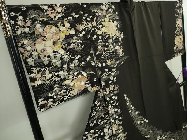 平和屋本店●極上　訪問着　刺繍　御所車吉祥花文　烏羽色地　金糸　逸品　DZAA3868kh5