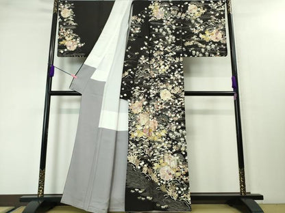 平和屋本店●極上　訪問着　刺繍　御所車吉祥花文　烏羽色地　金糸　逸品　DZAA3868kh5