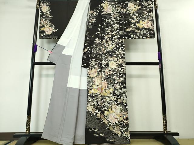 平和屋本店●極上　訪問着　刺繍　御所車吉祥花文　烏羽色地　金糸　逸品　DZAA3868kh5