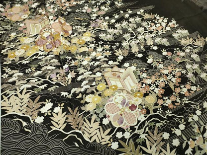 平和屋本店●極上　訪問着　刺繍　御所車吉祥花文　烏羽色地　金糸　逸品　DZAA3868kh5