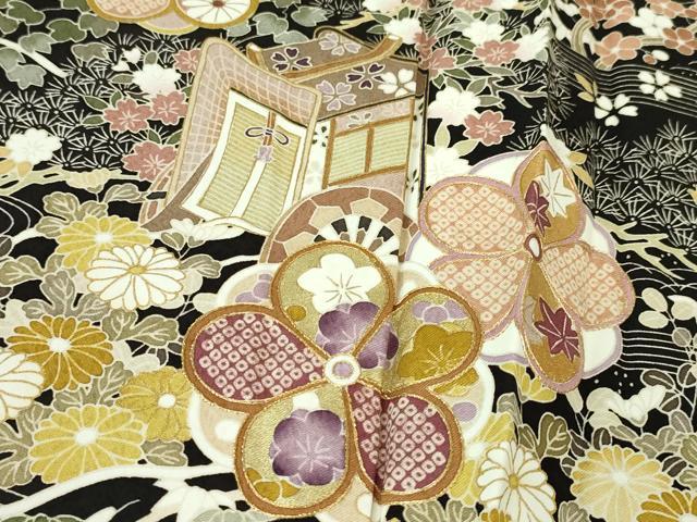 平和屋本店●極上　訪問着　刺繍　御所車吉祥花文　烏羽色地　金糸　逸品　DZAA3868kh5