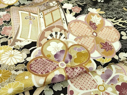 平和屋本店●極上　訪問着　刺繍　御所車吉祥花文　烏羽色地　金糸　逸品　DZAA3868kh5
