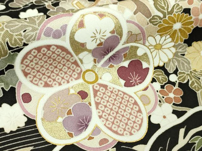 平和屋本店●極上　訪問着　刺繍　御所車吉祥花文　烏羽色地　金糸　逸品　DZAA3868kh5
