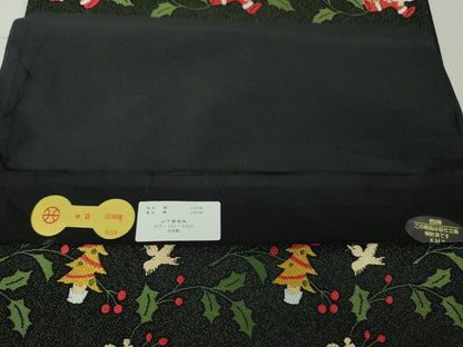 平和屋本店■極上 西陣の老舗 1782年創業 山下織物 六通柄袋帯 クリスマス X&#039;mas  サンタ くま リス 黒地 証紙付 逸品 未使用 DZAA3953kh5