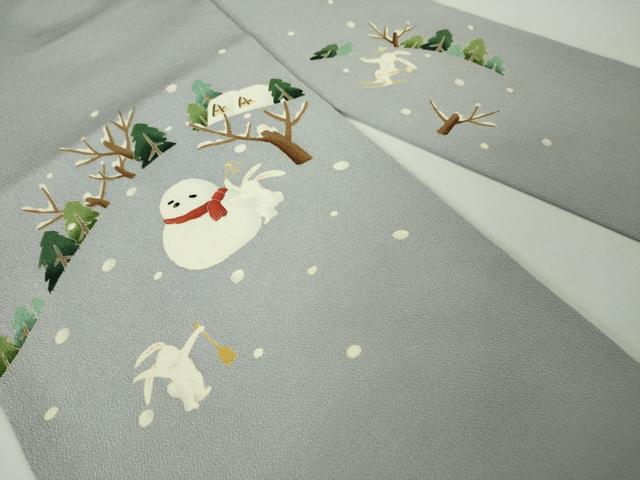 平和屋本店■極上 名門染元 秀美 十日町友禅 九寸名古屋帯 雪だるま 兎 スキー 雪遊び　藤色地　鬼しぼ縮緬　逸品　未使用　DZAA3963kh5