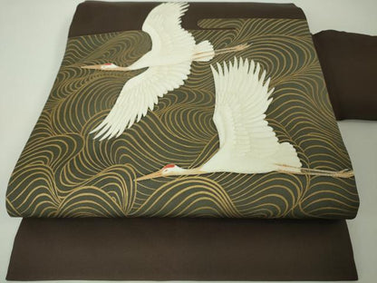 平和屋本店■極上　京都祇園の老舗　ぎをん齋藤　塩瀬　九寸名古屋帯　刺繍　立波飛鶴文　金彩　たとう紙付き　逸品　DZAA4002kh5