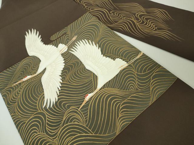 平和屋本店■極上　京都祇園の老舗　ぎをん齋藤　塩瀬　九寸名古屋帯　刺繍　立波飛鶴文　金彩　たとう紙付き　逸品　DZAA4002kh5