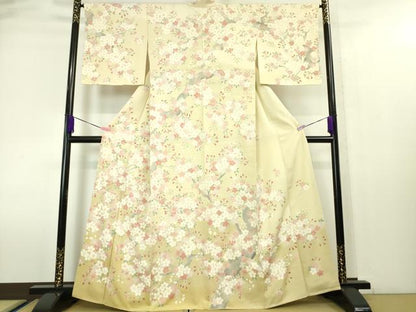 平和屋本店■極上　訪問着　駒刺繍　枝桜　暈し染め　鳥の子色地　金彩　逸品　DZAA4014kh5