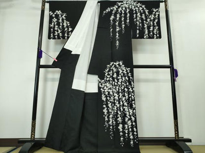 平和屋本店■極上　女優・吉永小百合　訪問着　枝垂れ桜　縮緬地　黒地　逸品　DZAA4017kh5