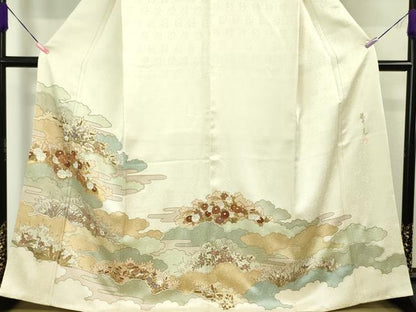 平和屋本店■極上　皇室献上作家　藤井寛　訪問着　駒刺繍　雲取り花文　象牙色地　金彩　逸品　DZAA4040kh5