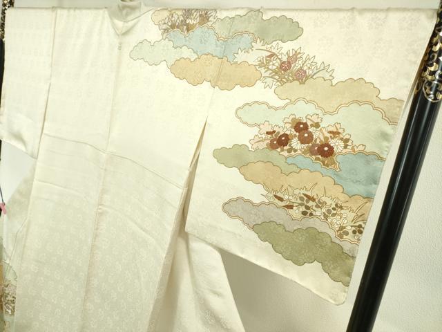 平和屋本店■極上　皇室献上作家　藤井寛　訪問着　駒刺繍　雲取り花文　象牙色地　金彩　逸品　DZAA4040kh5