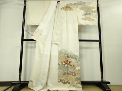 平和屋本店■極上　皇室献上作家　藤井寛　訪問着　駒刺繍　雲取り花文　象牙色地　金彩　逸品　DZAA4040kh5