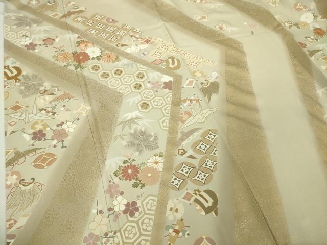 平和屋本店■極上　創業460年・千總　訪問着　駒刺繍　折り鶴　宝尽くし　暈し染め　灰白色地　金彩　三越扱い　逸品　未使用　DZAA4056kh5